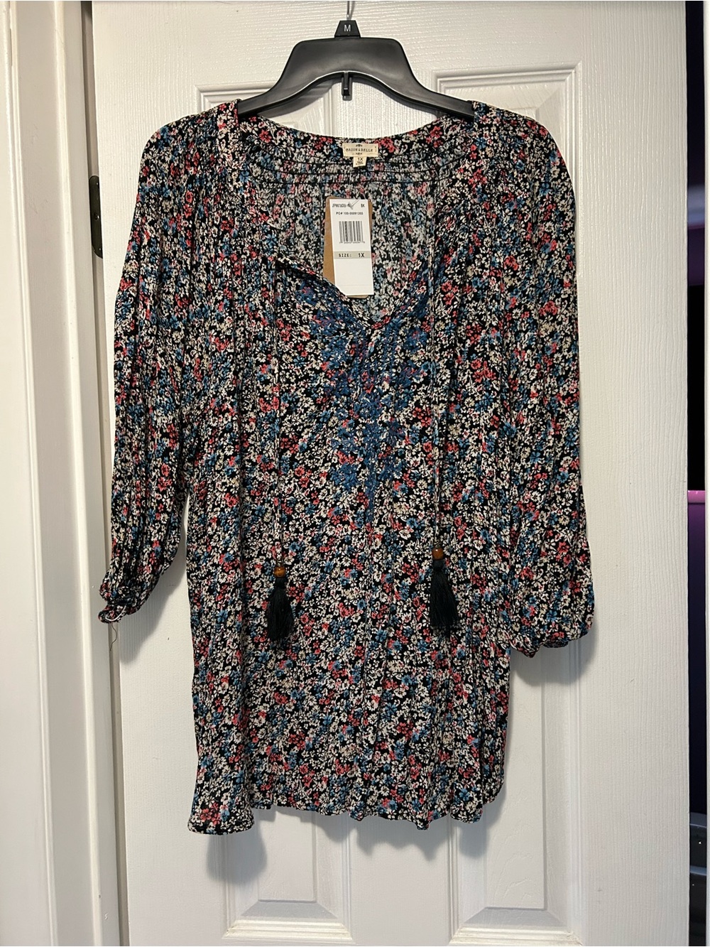 Floral Boho Peasant Blouse - Blue Multi